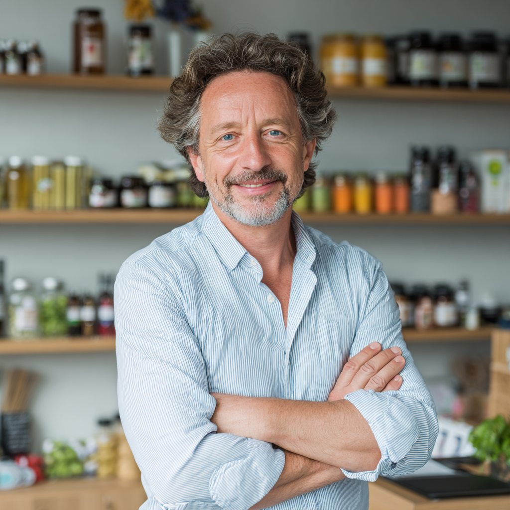 Усміхнена жінка середнього віку європейської зовнішності з здоровою сяючою шкірою, тримає в руках свіжі зелені овочі на кухні