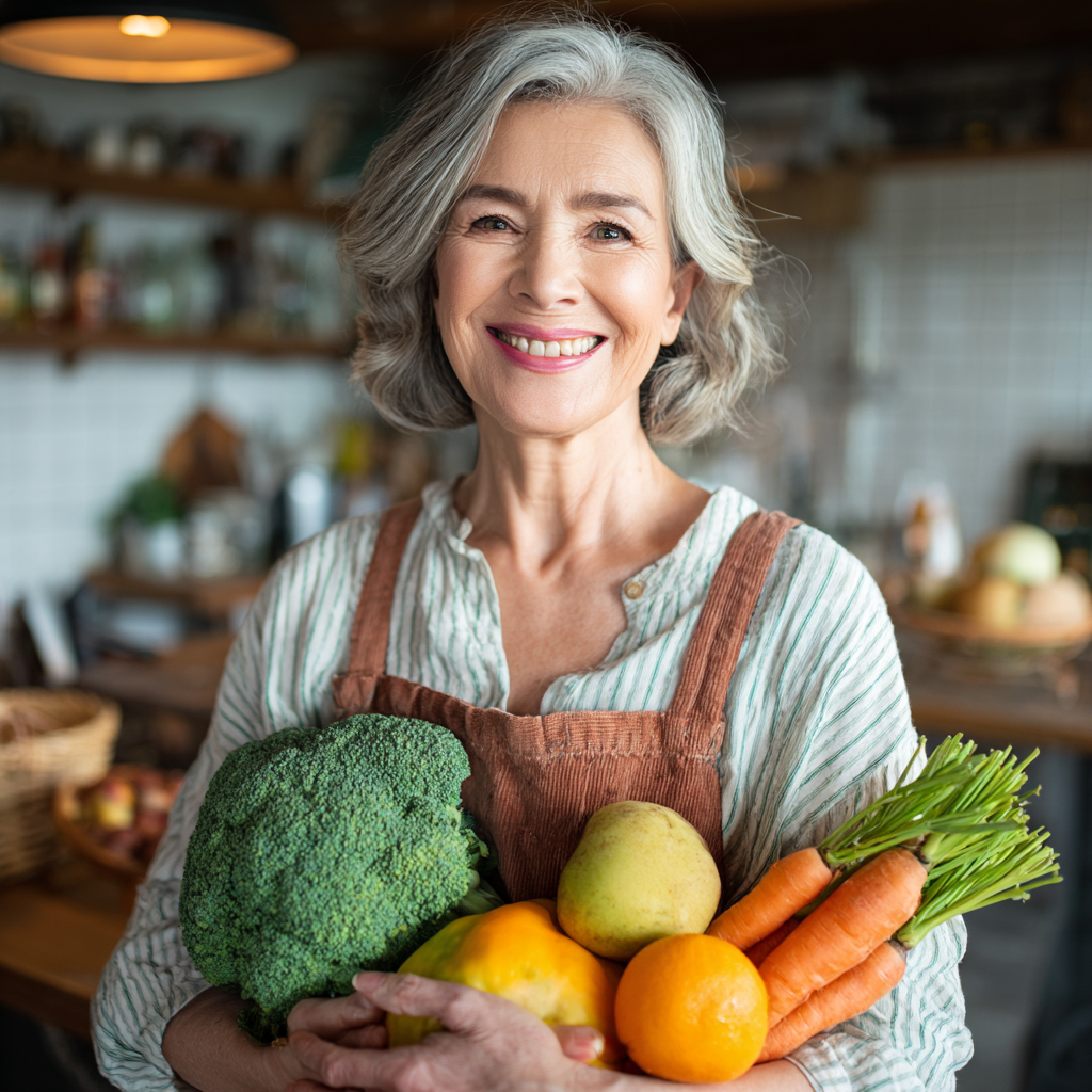 Усміхнений чоловік середнього віку європейської зовнішності з здоровим виглядом, їсть салат з свіжих овочів