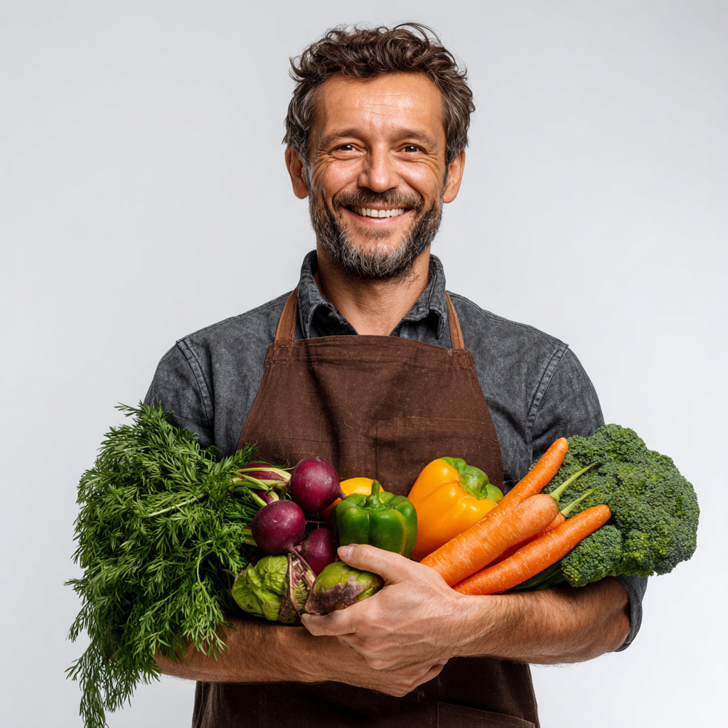 Молода жінка європейської зовнішності усміхається, тримаючи склянку з пробіотичним напоєм та свіжими фруктами на фоні кухні